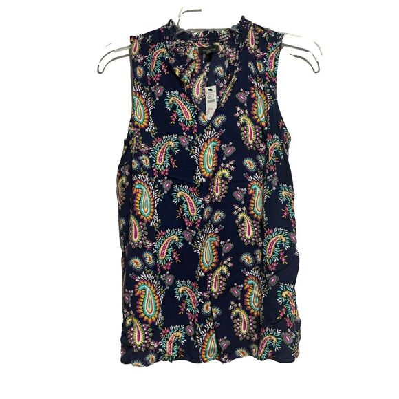 Talbots  Blouse Top XS Navy Multi Paisley Floral Sleeveless Split Neck New - Picture 1 of 9